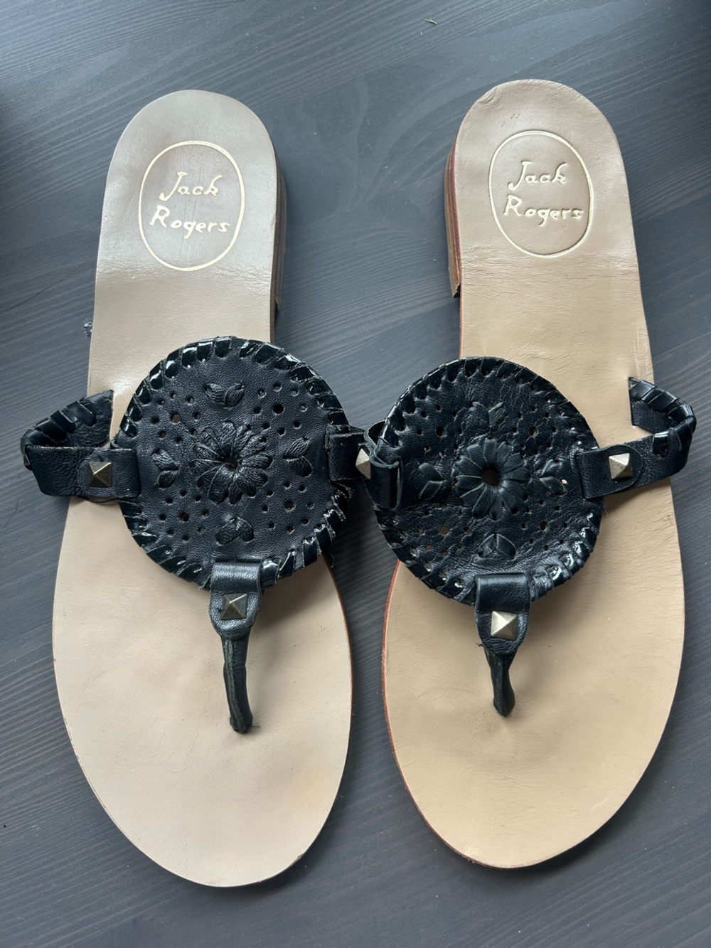 Jack Rogers Black Leather Floral Medallion Thong Sandals